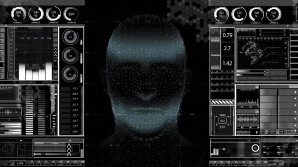 人間の頭のモデルとインターフェース上のデータ処理のアニメーション デジタルインターフェース通信技術の概念デジタルで生成されたビデオ — ストック動画