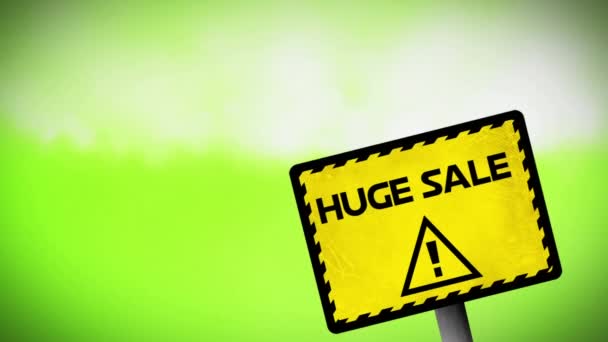 巨大的销售文字和告示牌上的绿色背景的烟雾效果警告标志 销售折扣和零售业务概念 — 图库视频影像