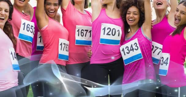 Animation Pink Ribbon Logo Blue Wave Diverse Group Smiling Women — Stock Video