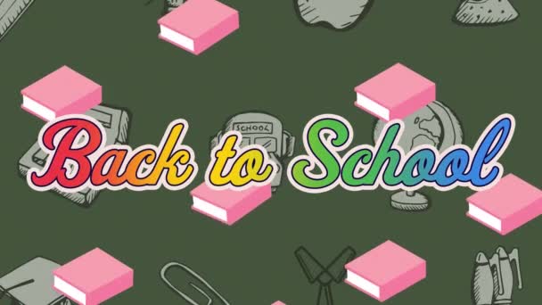 Animación Del Texto Regreso Escuela Sobre Íconos Artículos Escolares Sobre — Vídeos de Stock