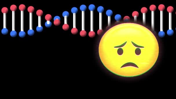 Animation Sociala Medier Ledsen Emoji Ikon Över Dna Strängen Och — Stockvideo