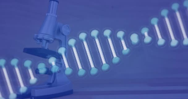 Animación Hebra Adn Girando Sobre Microscopio Azul Concepto Ciencia Investigación — Vídeos de Stock