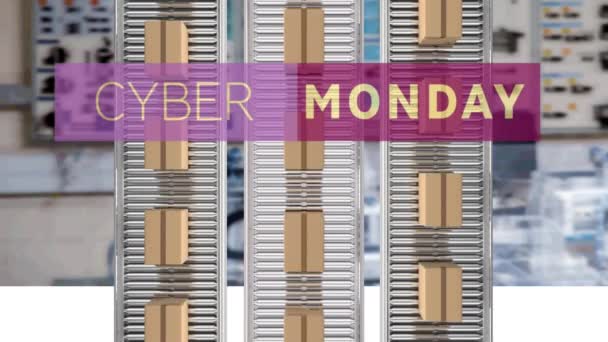 Cyber Monday Textbanner Über Mehreren Lieferboxen Auf Förderband Gegen Fabrik — Stockvideo