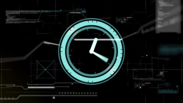 Цифрова Анімація Неонового Синього Цифрового Годинника Слідує Цифровому Інтерфейсу Обробкою — стокове відео