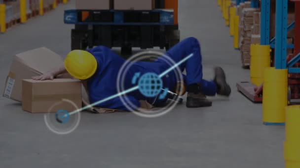 Network Digital Icons Caucasian Male Worker Falling Boxes Warehouse Logistics — Stock Video