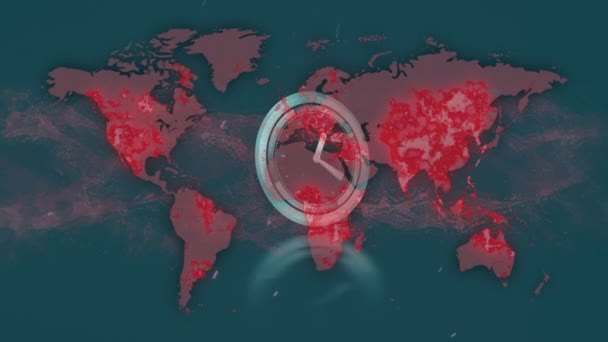 Relógio Digital Azul Néon Contra Onda Digital Mapa Mundo Sobre — Vídeo de Stock