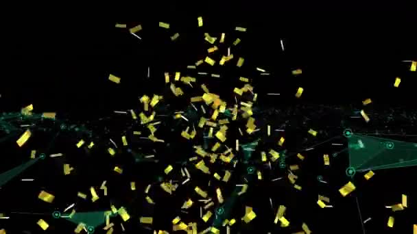 Анимация Золотых Конфетти Падающих Над Сетью Связей Черном Фоне Празднование — стоковое видео