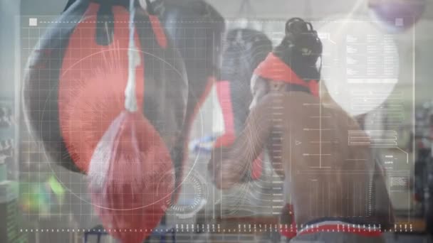 Processamento Dados Contra Boxeador Afro Americano Praticando Seus Socos Saco — Vídeo de Stock