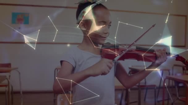 Globo Rede Conexões Sobre Menina Afro Americana Tocando Violino Escola — Vídeo de Stock