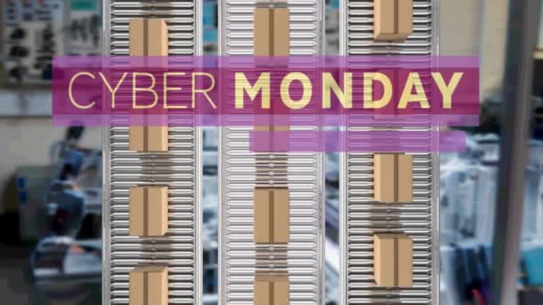 Cyber Monday Verkauf Textbanner Über Mehreren Lieferboxen Auf Förderband Gegen — Stockvideo