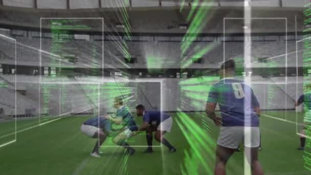 Animação Processamento Dados Sobre Jogadores Rugby Estádio Conceito Global Esportes — Vídeo de Stock