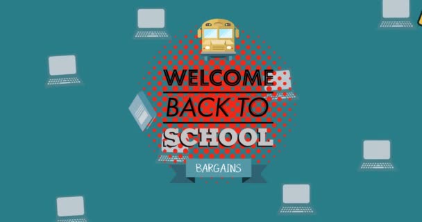 Animation Welcome Back School Goods Text School Items Εικονίδια Πράσινο — Αρχείο Βίντεο