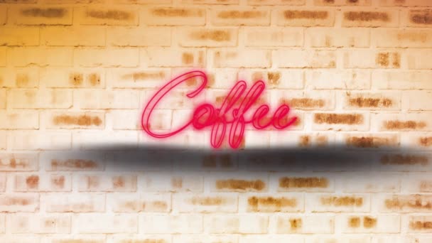 Animatie Van Neon Rode Koffie Tekst Flikkeren Baksteen Muur Achtergrond — Stockvideo