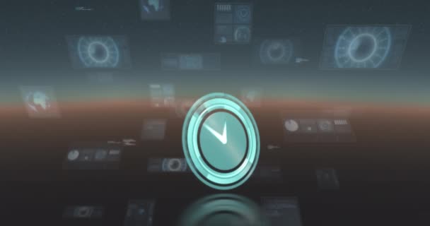 Neon Dijital Saat Mavi Arkaplanda Çoklu Yuvarlak Tarayıcı Veri Işleme — Stok video