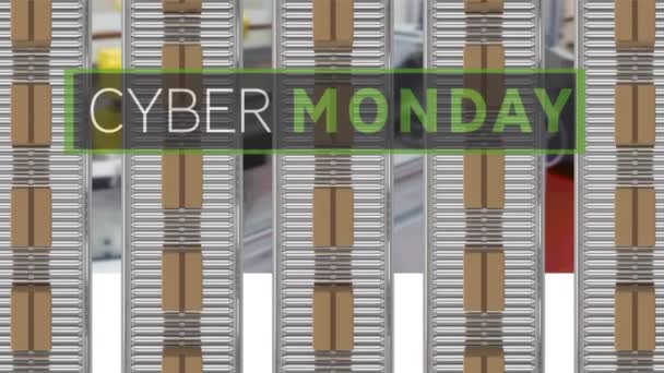 Cyber Monday Text Banner Multiple Delivery Boxes Conveyer Belt Factory — Stock Video