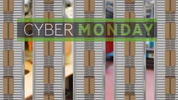 Cyber Maandag Tekst Banner Meerdere Leveringsdozen Transportband Tegen Fabriek Verkoop — Stockvideo