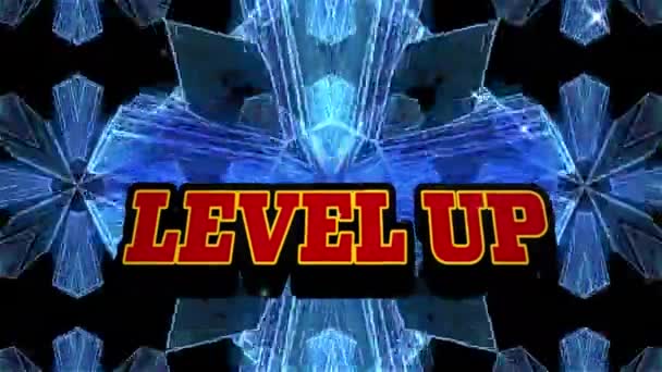 Digitale Animation Von Level Text Gegen Kaleidoskopisches Muster Auf Blauem — Stockvideo