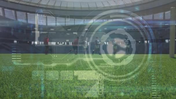 Анімація Обробки Даних Регбістів Над Спортивним Стадіоном Концепція Глобального Спорту — стокове відео