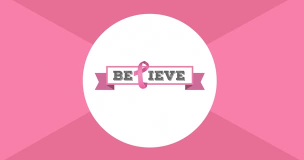 Animace Růžové Stuhy Logo Věřit Text Objevující Růžovém Pozadí Rakovina — Stock video