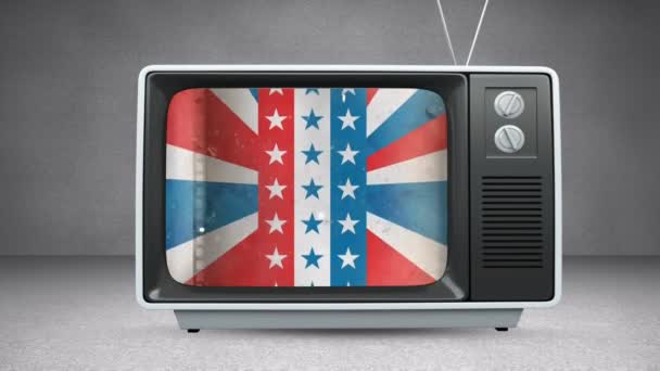 灰色の背景にテレビでアメリカ国旗のアニメーション 愛国心とお祝いのコンセプトをデジタルで — ストック動画