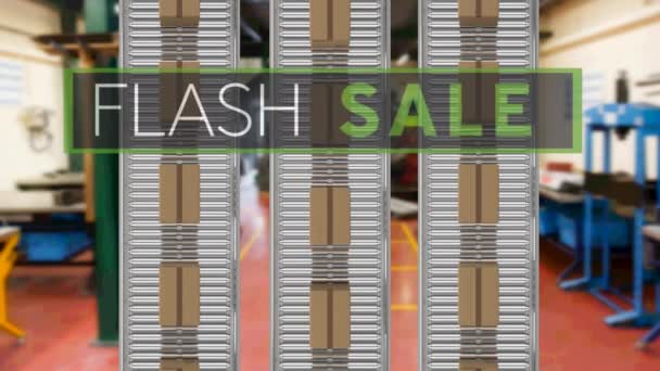 Flash Sprzedaż Baner Tekstowy Wielu Pudełkach Przenośnik Taśmowy Przeciwko Fabryce — Wideo stockowe