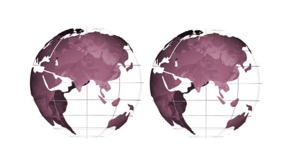 Animatie Van Twee Roterende Paarse Globes Zij Aan Zij Witte — Stockvideo