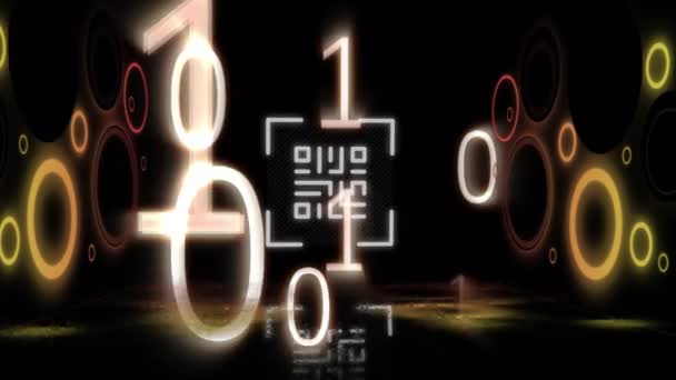 Digitale Animatie Van Binaire Codering Gloeiende Code Gloeiende Cirkels Zwarte — Stockvideo