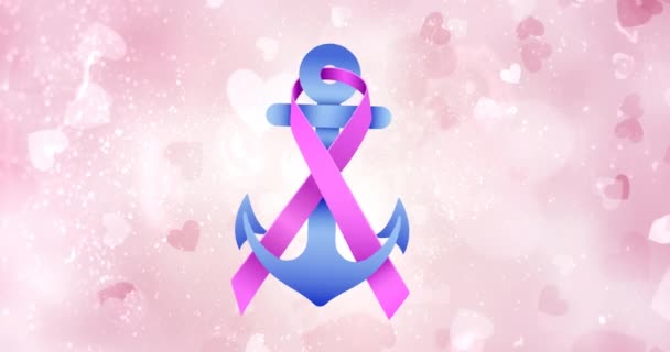 ピンクのリボンアンカーのロゴとピンクの背景に現れる乳がんのテキストのアニメーション 乳がん認知キャンペーンのコンセプトデジタル生成ビデオ — ストック動画