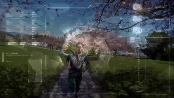 Animación Pantalla Digital Procesamiento Datos Sobre Hombre Forma Corriendo Concepto — Vídeo de stock