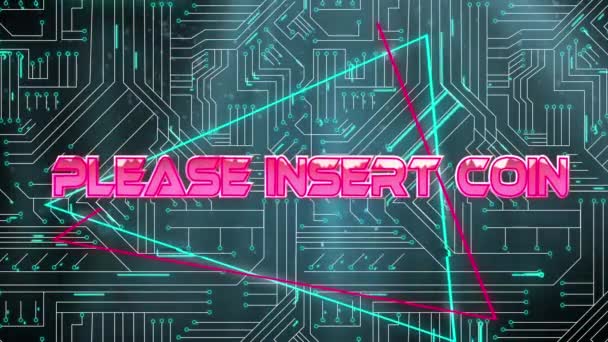 Lütfen Mikro Işlemci Bağlantılarına Karşı Neon Üçgenler Üzerinden Bozuk Para — Stok video