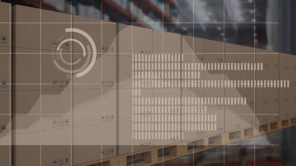 Depodaki Karton Kutuların Üzerinde Veri Işleme Animasyonu Küresel Veri Işleme — Stok video