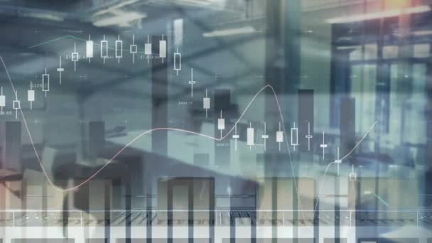 Animation Der Verarbeitung Von Finanzdaten Über Kisten Auf Förderbändern Lager — Stockvideo