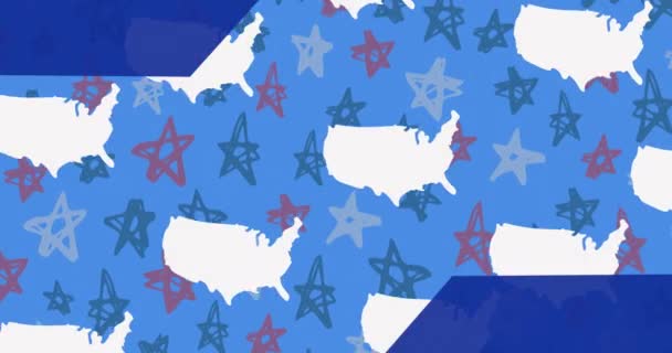 青い背景の星の上にウサの地図シルエットのアニメーション 愛国心とお祝いのコンセプトをデジタルで — ストック動画