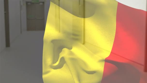 病院のストレスを受けた女性医療従事者に対して手を振っているベルギー国旗のデジタル構成 医療と医療の概念 — ストック動画