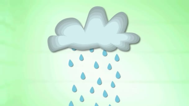 Animation Blue Raindrops Falling Light Grey Cloud Pale Green Background — Stock Video