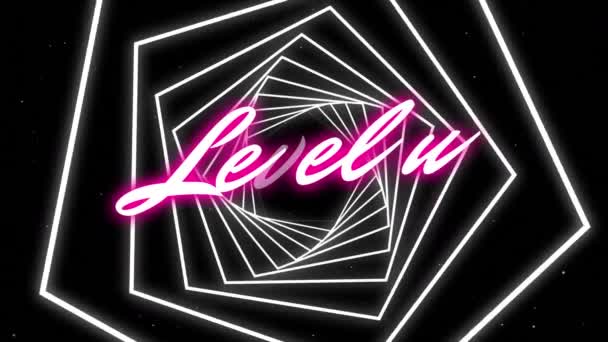 Neon Pink Level Text Hexagons Spinning Seamless Motion Black Background — Vídeo de Stock