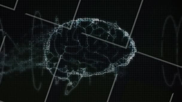 Digitale Animatie Van Menselijk Brein Draaiend Tegen Witte Lijnen Zwarte — Stockvideo