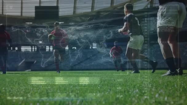 Animación Jugadores Rugby Procesamiento Datos Sobre Estadio Deportivo Concepto Global — Vídeos de Stock