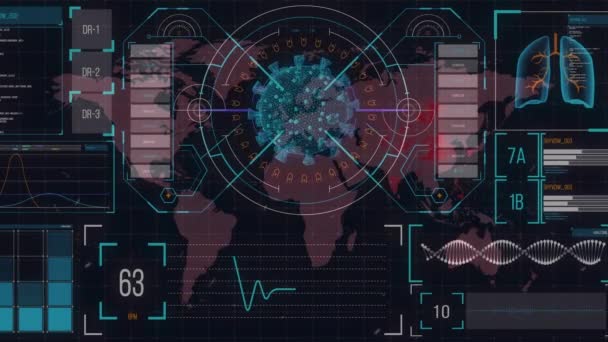 Animação Digital Células Covid Girando Contra Interface Digital Com Processamento — Vídeo de Stock