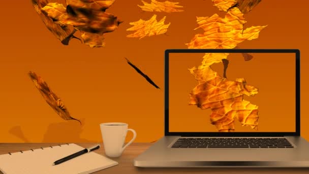 Настольный Компьютер Офисное Оборудование Столе Против Осенних Кленовых Листьев Падают — стоковое видео