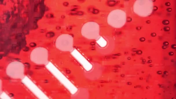 赤い輝く液体の上に回転するDna鎖のアニメーション 科学と研究の概念をデジタルで生成し — ストック動画