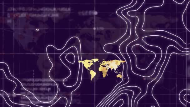 Animación Digital Topografía Sobre Mapa Mundial Contra Procesamiento Datos Sobre — Vídeos de Stock