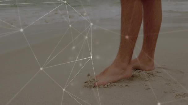Netzwerk Von Verbindungen Gegen Niedrigen Abschnitt Eines Mannes Der Strand — Stockvideo