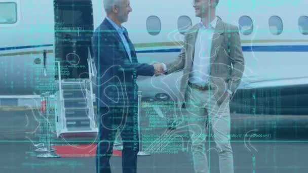Topography Data Processing Two Caucasian Businessmen Shaking Hands Airport Runway — Stock Video