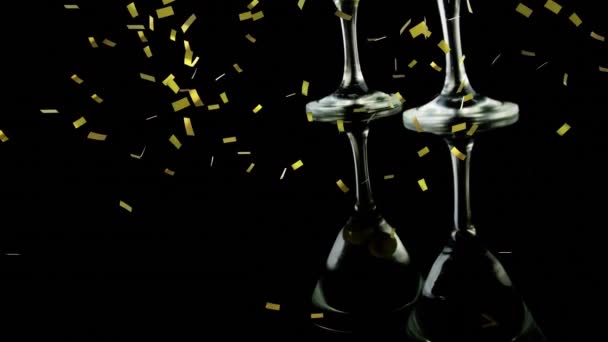 Анимация Конфетти Падающих Бокалы Вином Оливками Черном Фоне Вечеринка Празднование — стоковое видео