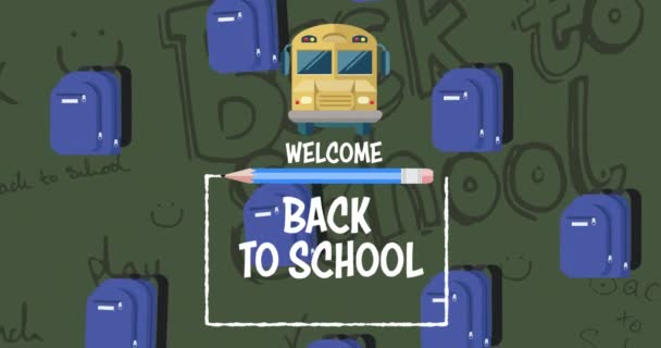 Animation Welcome Back School Text School Items Εικονίδια Πράσινο Φόντο — Αρχείο Βίντεο