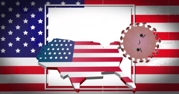 Amerika Haritasının Üzerindeki Koronavirüs Hücrelerinin Animasyonu Amerikan Bayrağıyla Renklendirildi Covid — Stok video
