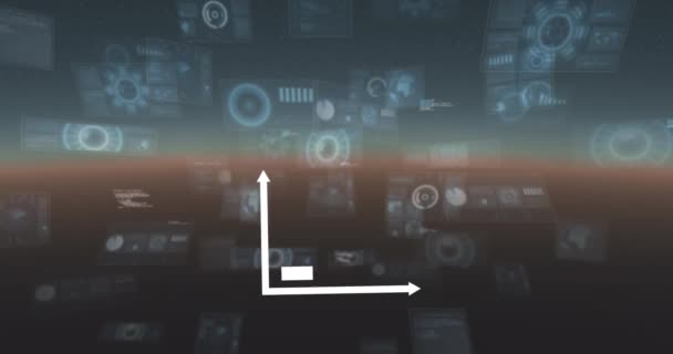 Staafdiagram Pictogram Tegen Tegen Meerdere Ronde Scanners Gegevensverwerking Blauwe Achtergrond — Stockvideo