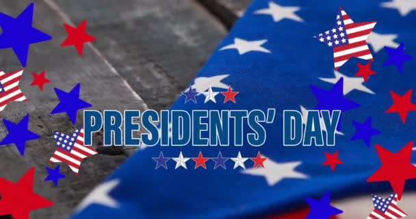 木の上で アメリカの国旗 星やストライプと幸せな大統領の日のテキストのアニメーション 愛国心独立お祝いのコンセプトデジタルで生成されたビデオ — ストック動画