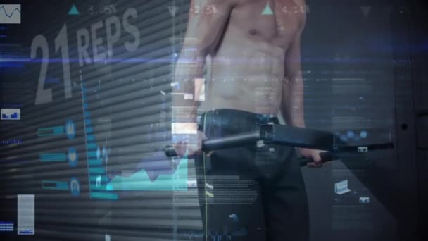 Animação Processamento Dados Sobre Homem Forte Exercitando Com Equipamentos Ginástica — Vídeo de Stock